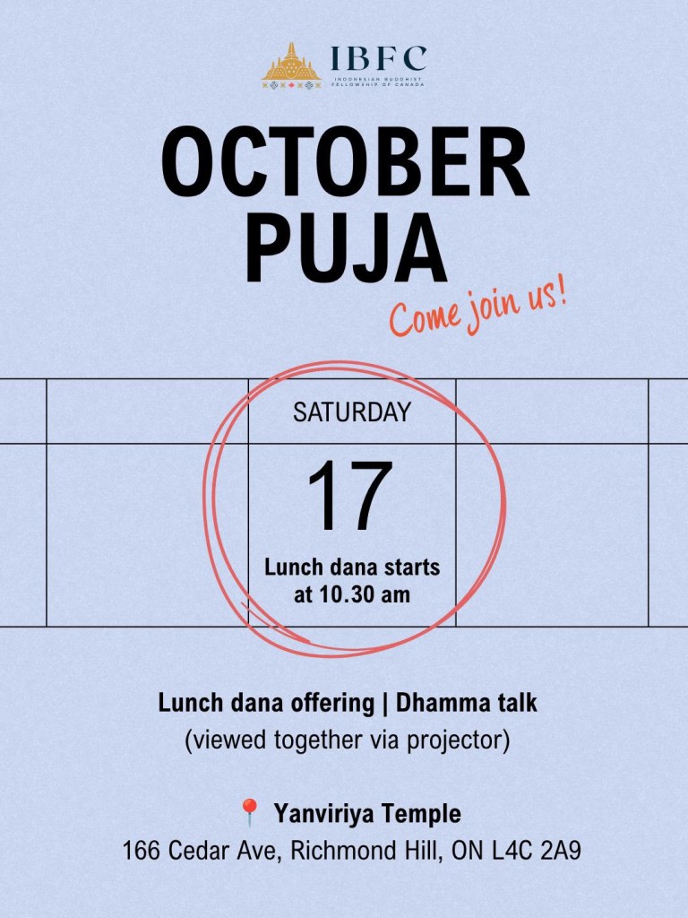 IBFC October Puja flyer: Saturday, October 17, lunch dana starts at 10:30 am, Yanviriya Temple, 166 Cedar Ave, Richmond Hill